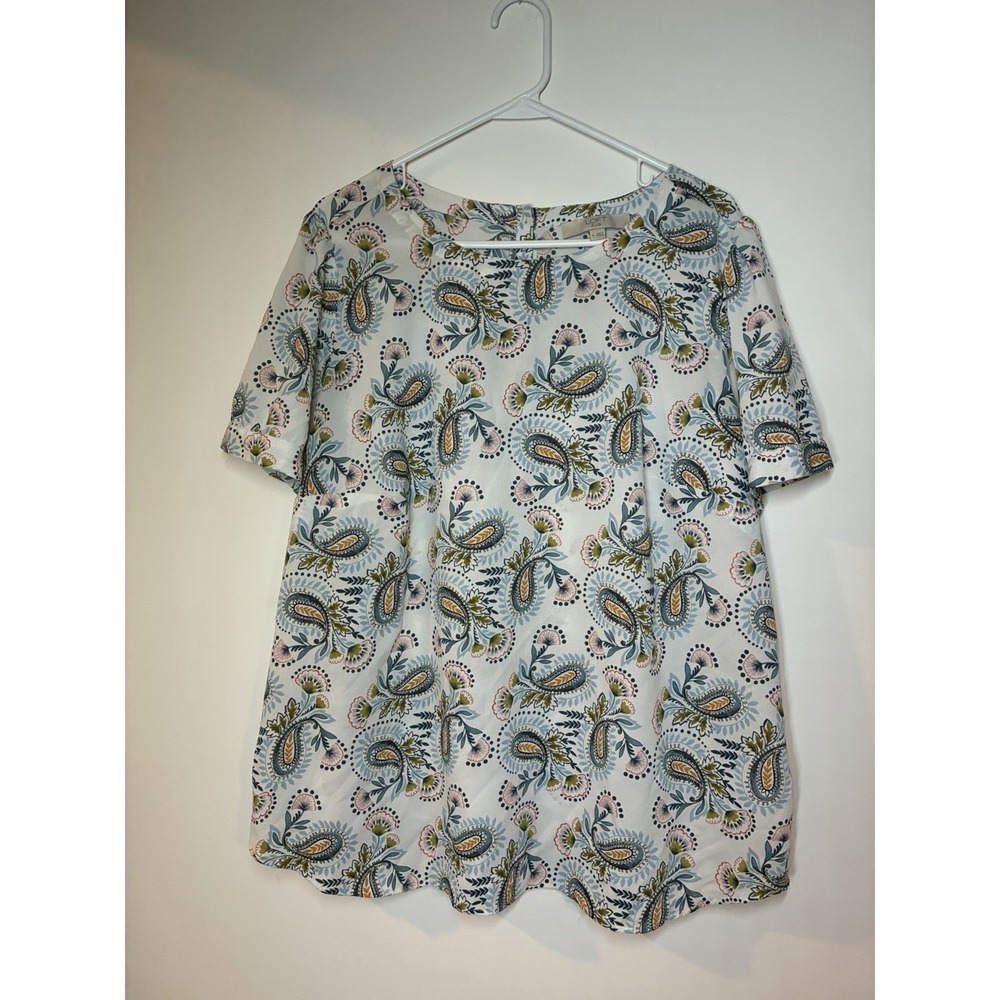 Ann Taylor Loft Top Womens White Multicolor Boho Paisley Blouse 16 Thin Business